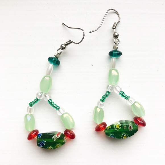Jewelry - Boho green & red beaded drop earrings